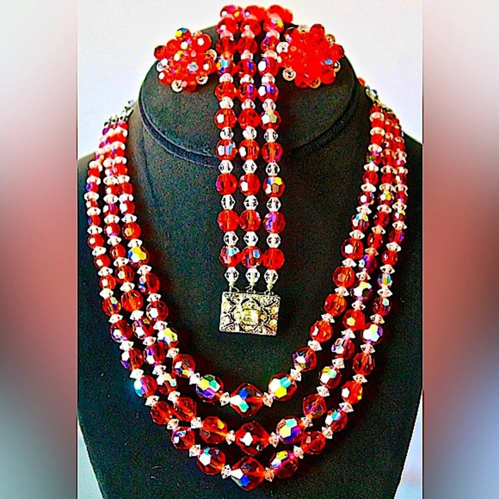 LAGUNA NECKLACE BRACELET EARRING VINTAGE 3PC SET ORANGE & CLEAR AURORA BOREALIS - Picture 1 of 11